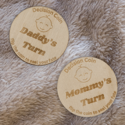 Laser Cut & Engraved Decision Coin for New Parents