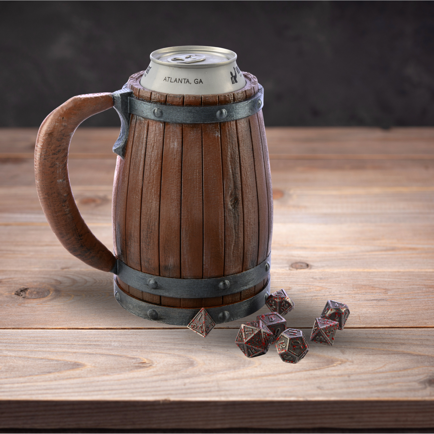 Tavern Barrel Mug Dice Holder - Fits 12oz & 16oz Cans, Rustic Drinkware for Gamers