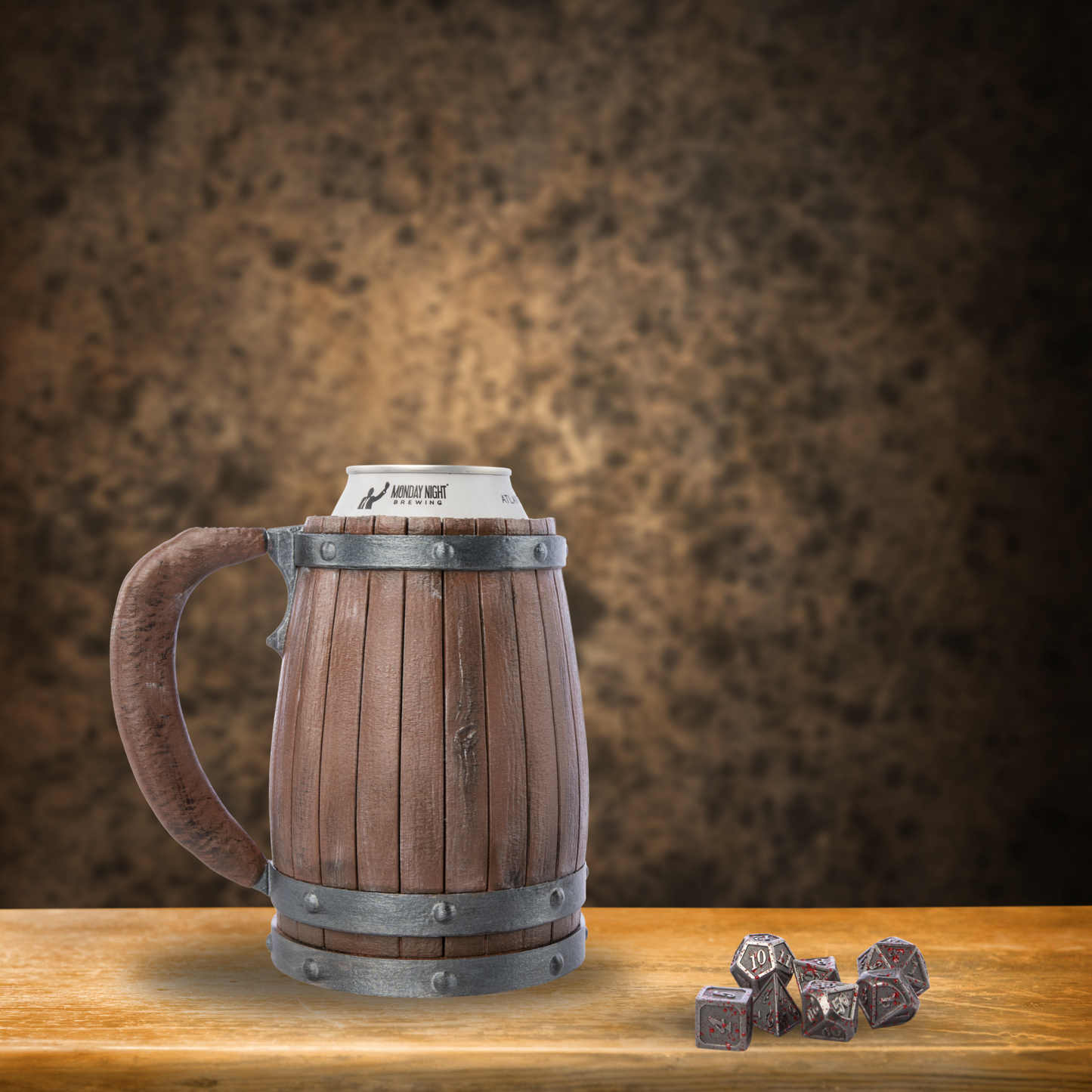 Tavern Barrel Mug Dice Holder - Fits 12oz & 16oz Cans, Rustic Drinkware for Gamers